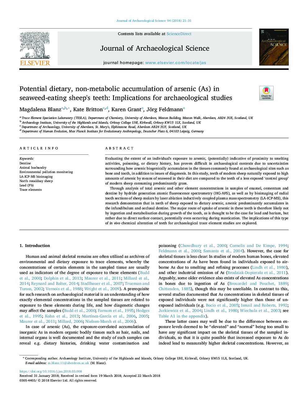 Potential dietary, non-metabolic accumulation of arsenic (As) in seaweed-eating sheep's teeth: Implications for archaeological studies