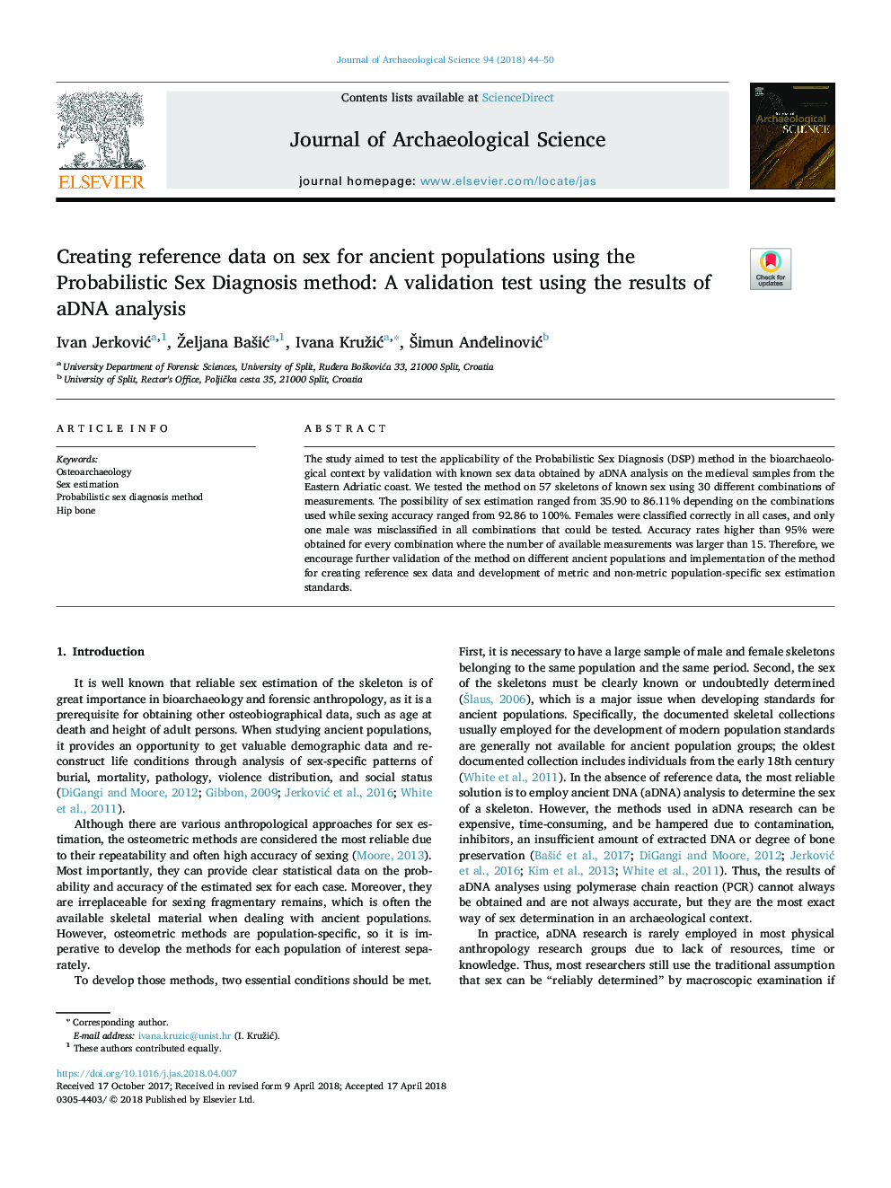 عکس صفحه اول مقاله: Creating reference data on sex for ancient populations using the Probabilistic Sex Diagnosis method: A validation test using the results of aDNA analysis Creating reference data on sex for ancient populations using the Probabilistic Sex Diagnosis method: A validation test using the results of aDNA analysis