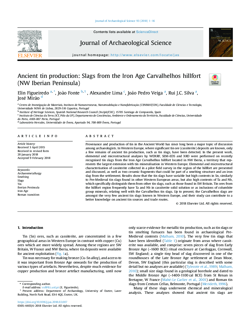 Ancient tin production: Slags from the Iron Age Carvalhelhos hillfort (NW Iberian Peninsula)