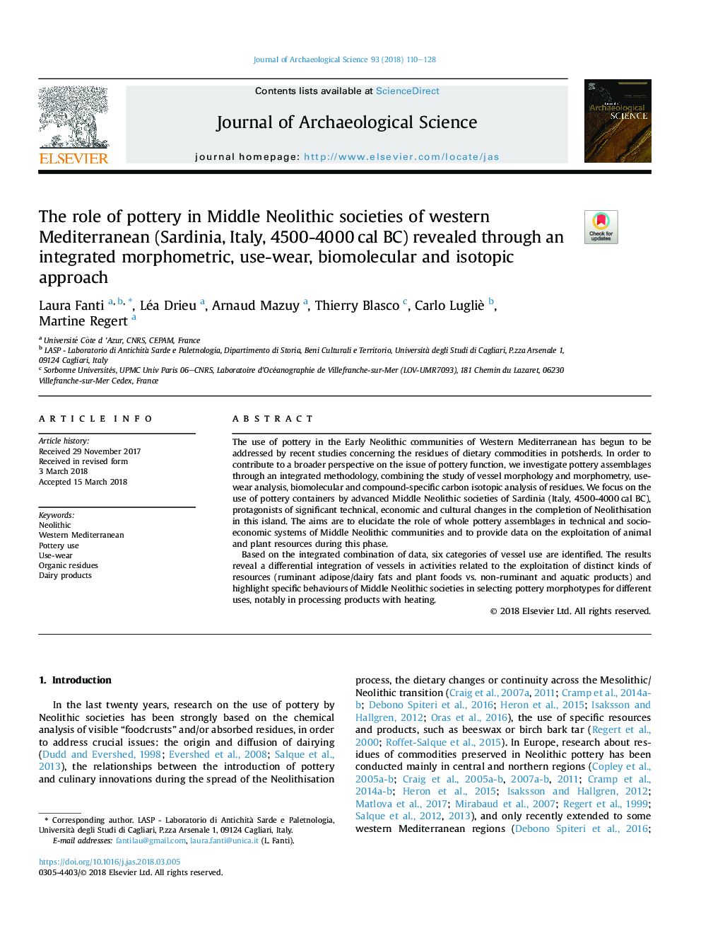 The role of pottery in Middle Neolithic societies of western Mediterranean (Sardinia, Italy, 4500-4000â¯cal BC) revealed through an integrated morphometric, use-wear, biomolecular and isotopic approach