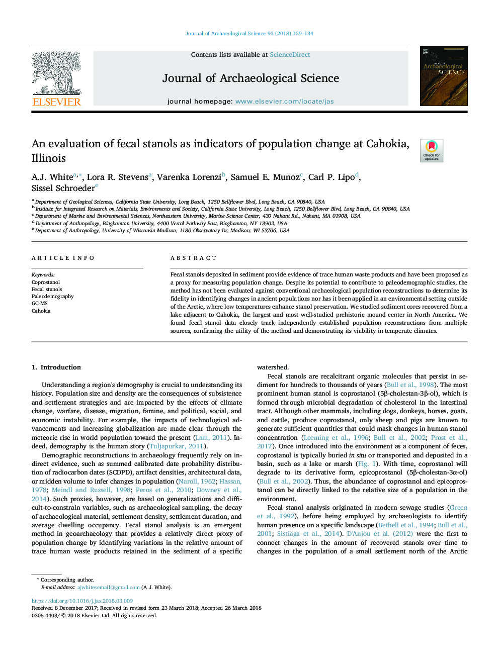 An evaluation of fecal stanols as indicators of population change at Cahokia, Illinois