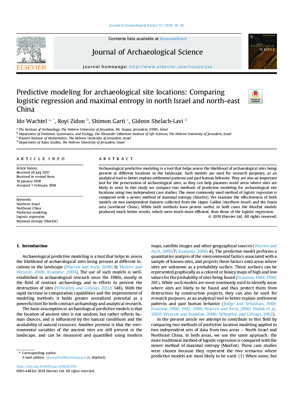مدل سازی پیش بینی شده برای مکان های باستان شناسی: مقایسه رگرسیون لجستیک و انتروپی حداکثر در شمال اسرائیل و شمال شرق چین 