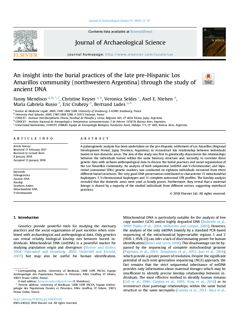 An insight into the burial practices of the late pre-Hispanic Los Amarillos community (northwestern Argentina) through the study of ancient DNA