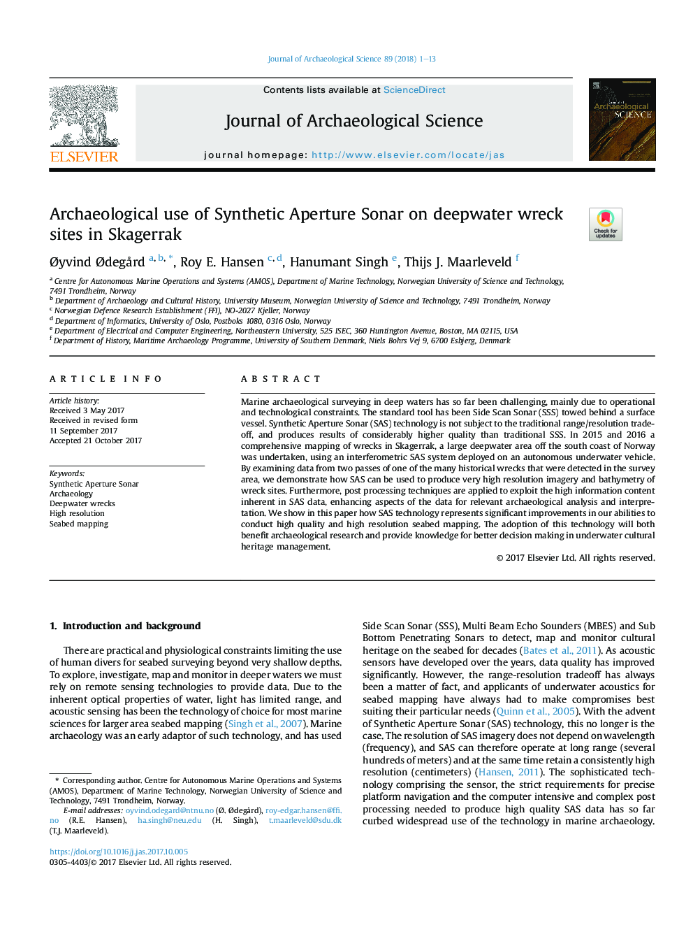 Archaeological use of Synthetic Aperture Sonar on deepwater wreck sites in Skagerrak