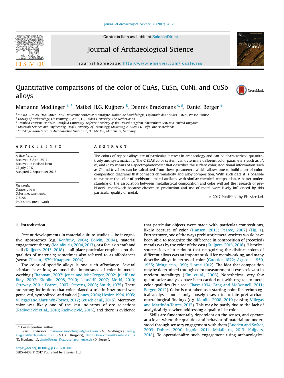 Quantitative comparisons of the color of CuAs, CuSn, CuNi, and CuSb alloys