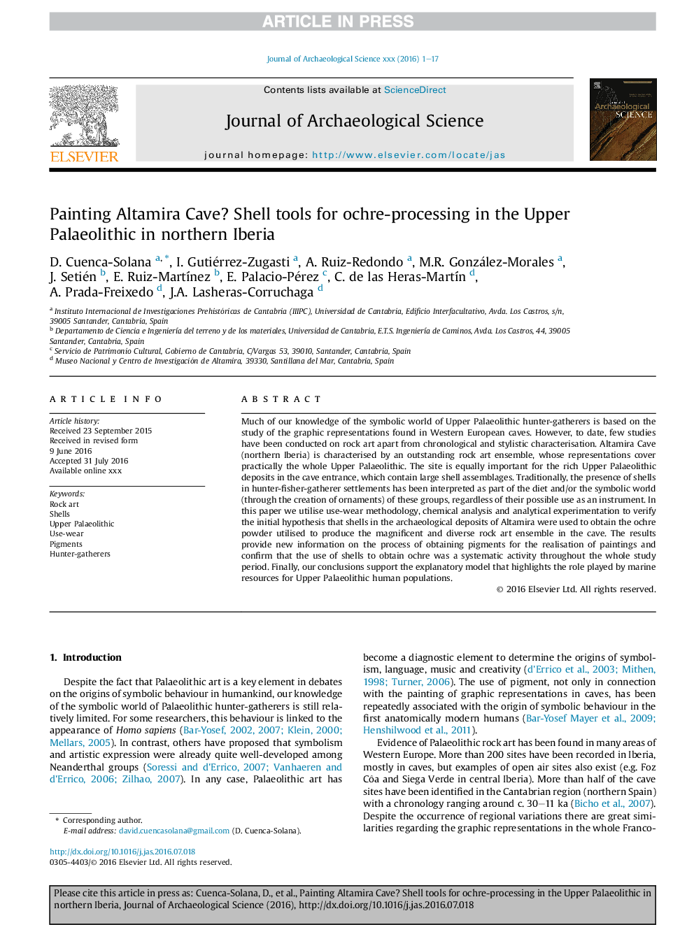 Painting Altamira Cave? Shell tools for ochre-processing in the Upper Palaeolithic in northern Iberia