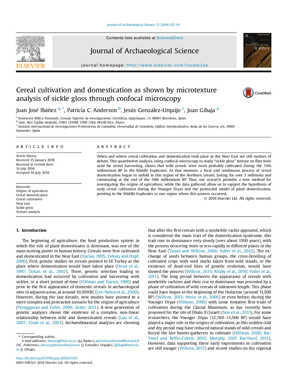 Cereal cultivation and domestication as shown by microtexture analysis of sickle gloss through confocal microscopy