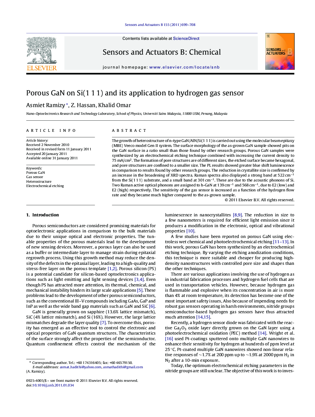 Porous GaN on Si(1 1 1) and its application to hydrogen gas sensor