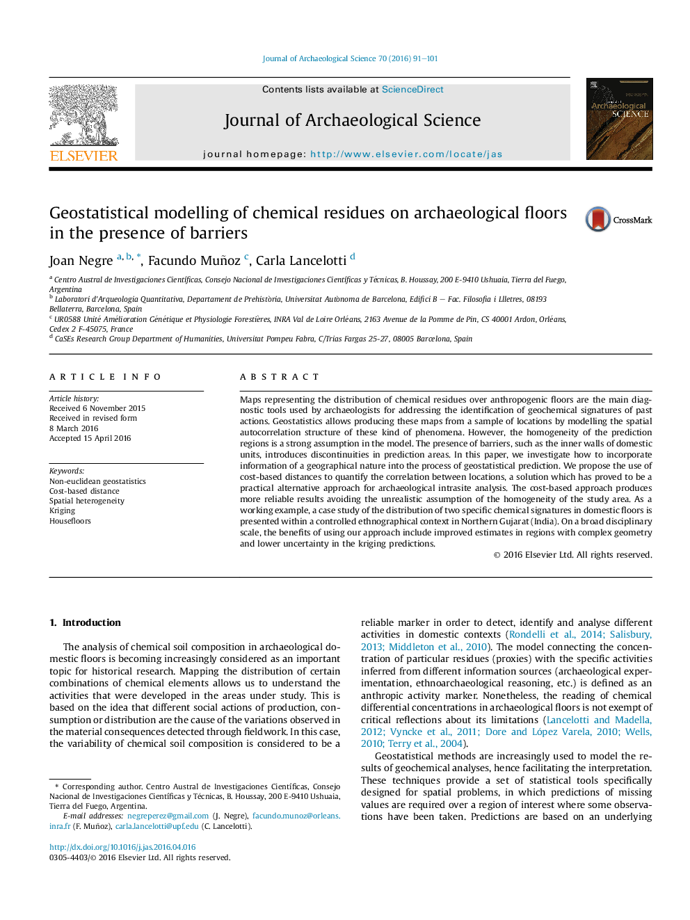 Geostatistical modelling of chemical residues on archaeological floors in the presence of barriers