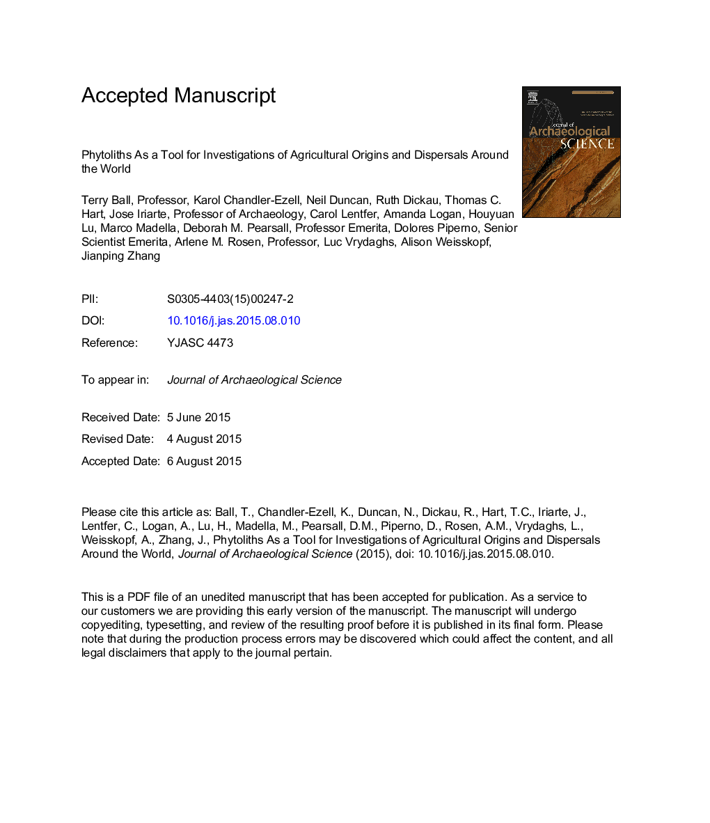 Phytoliths as a tool for investigations of agricultural origins and dispersals around the world