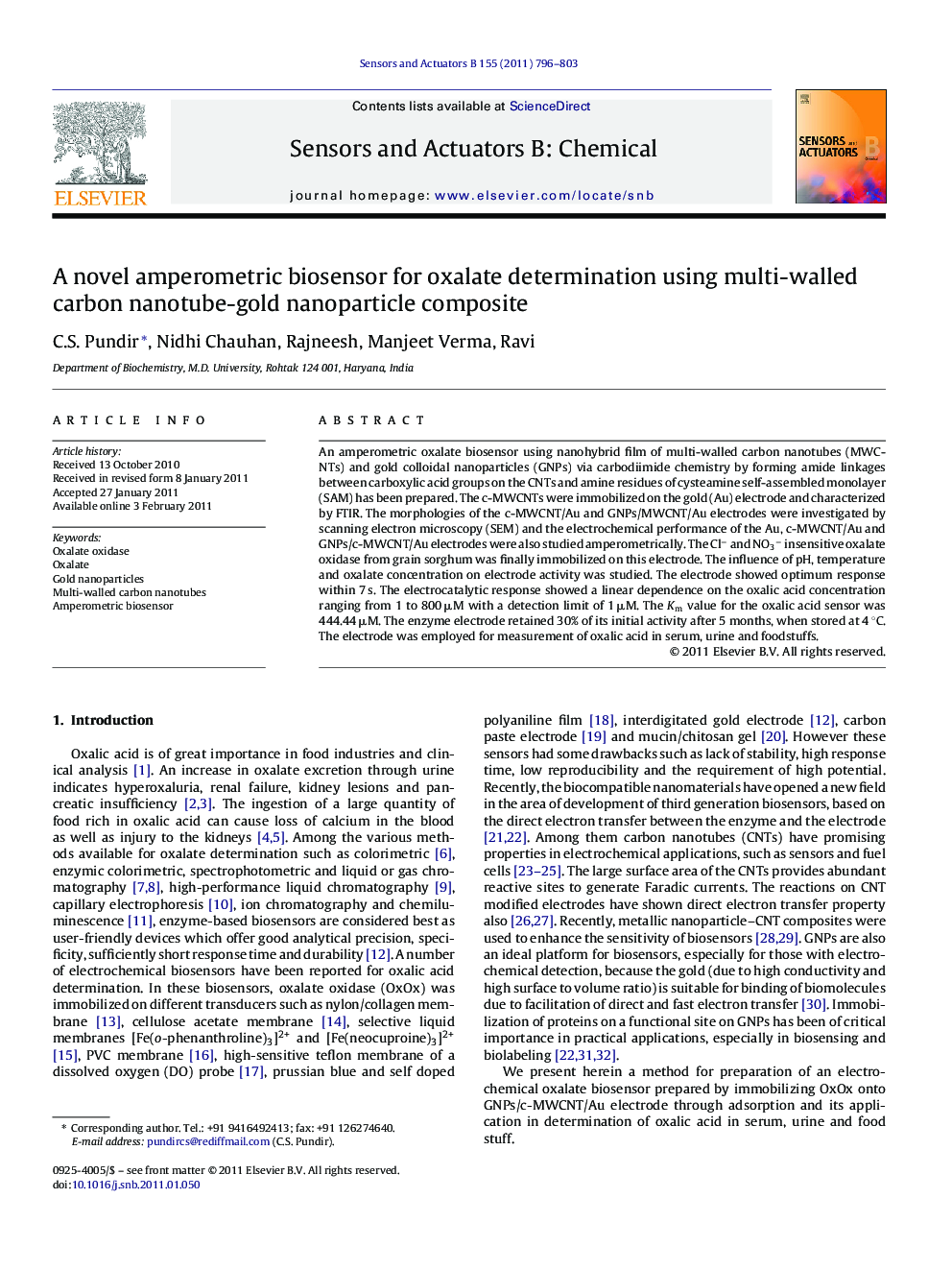 عکس صفحه اول مقاله: A novel amperometric biosensor for oxalate determination using multi-walled carbon nanotube-gold nanoparticle composite A novel amperometric biosensor for oxalate determination using multi-walled carbon nanotube-gold nanoparticle composite