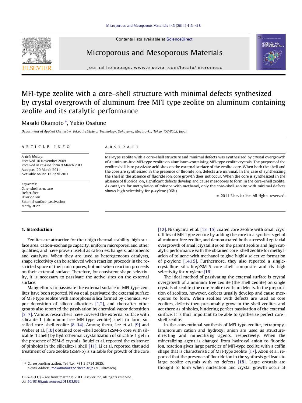 MFI-type zeolite with a core–shell structure with minimal defects synthesized by crystal overgrowth of aluminum-free MFI-type zeolite on aluminum-containing zeolite and its catalytic performance