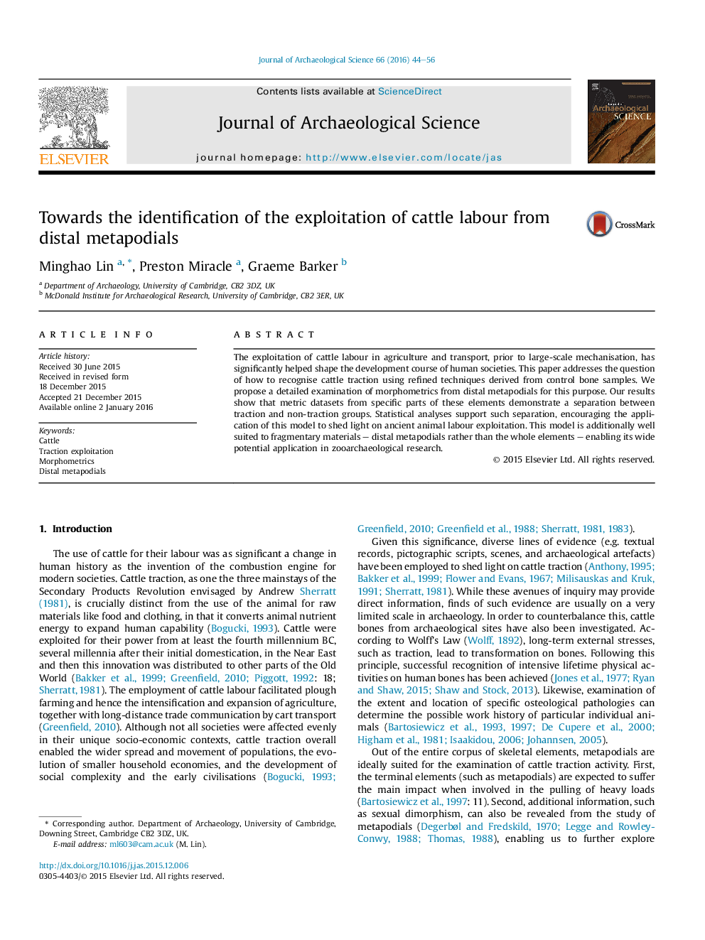 Towards the identification of the exploitation of cattle labour from distal metapodials