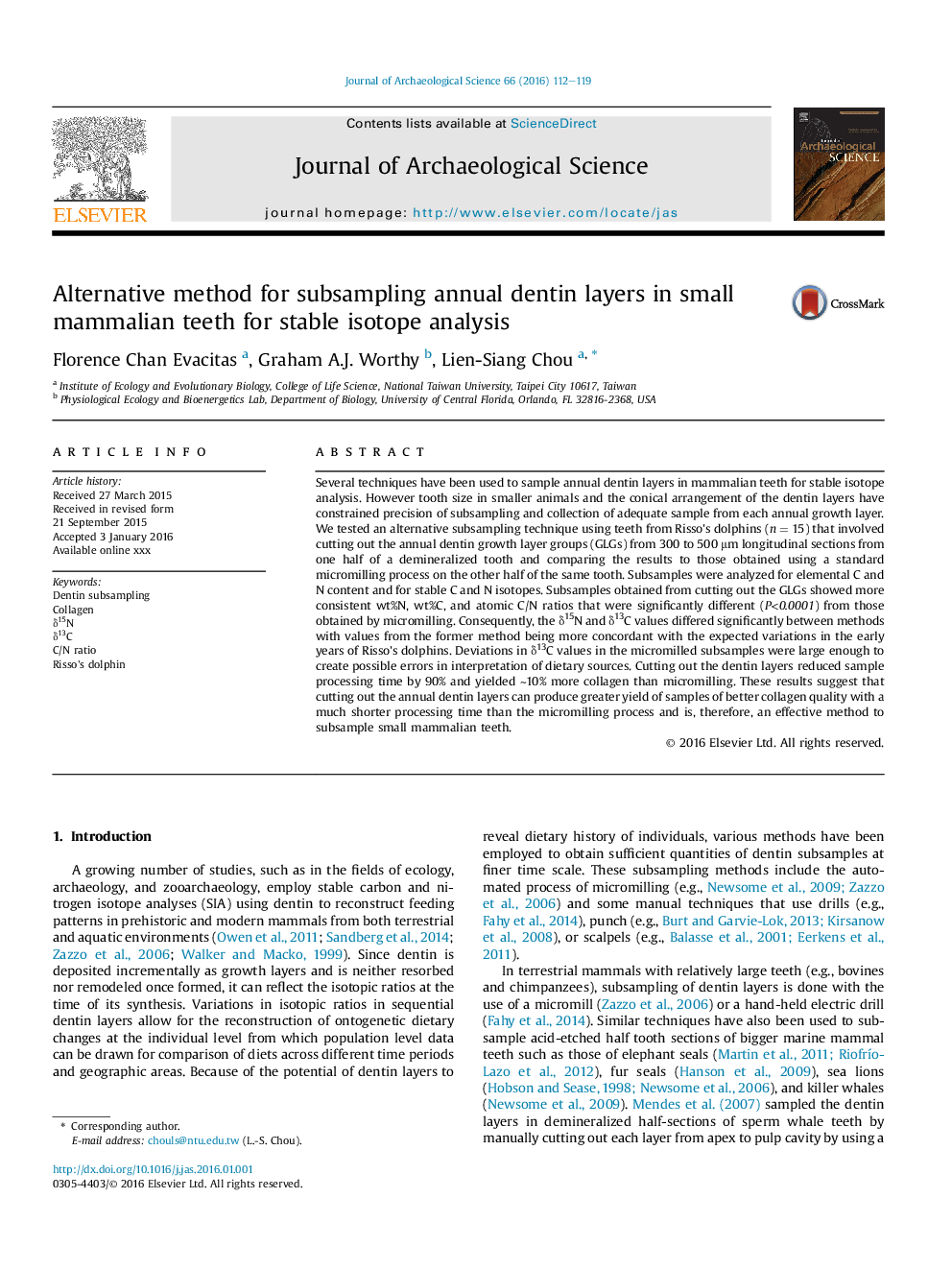 Alternative method for subsampling annual dentin layers in small mammalian teeth for stable isotope analysis