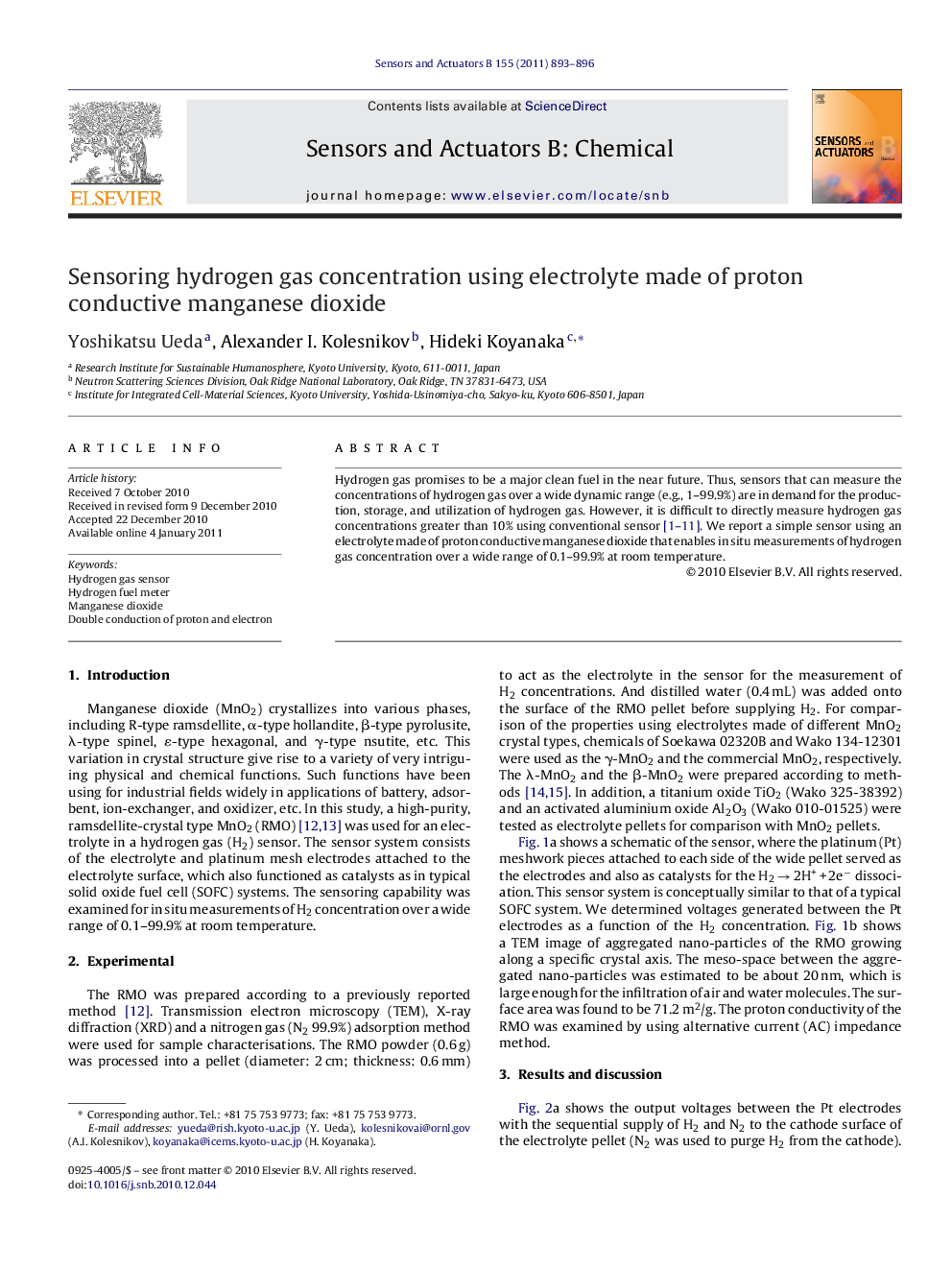 Sensoring hydrogen gas concentration using electrolyte made of proton conductive manganese dioxide