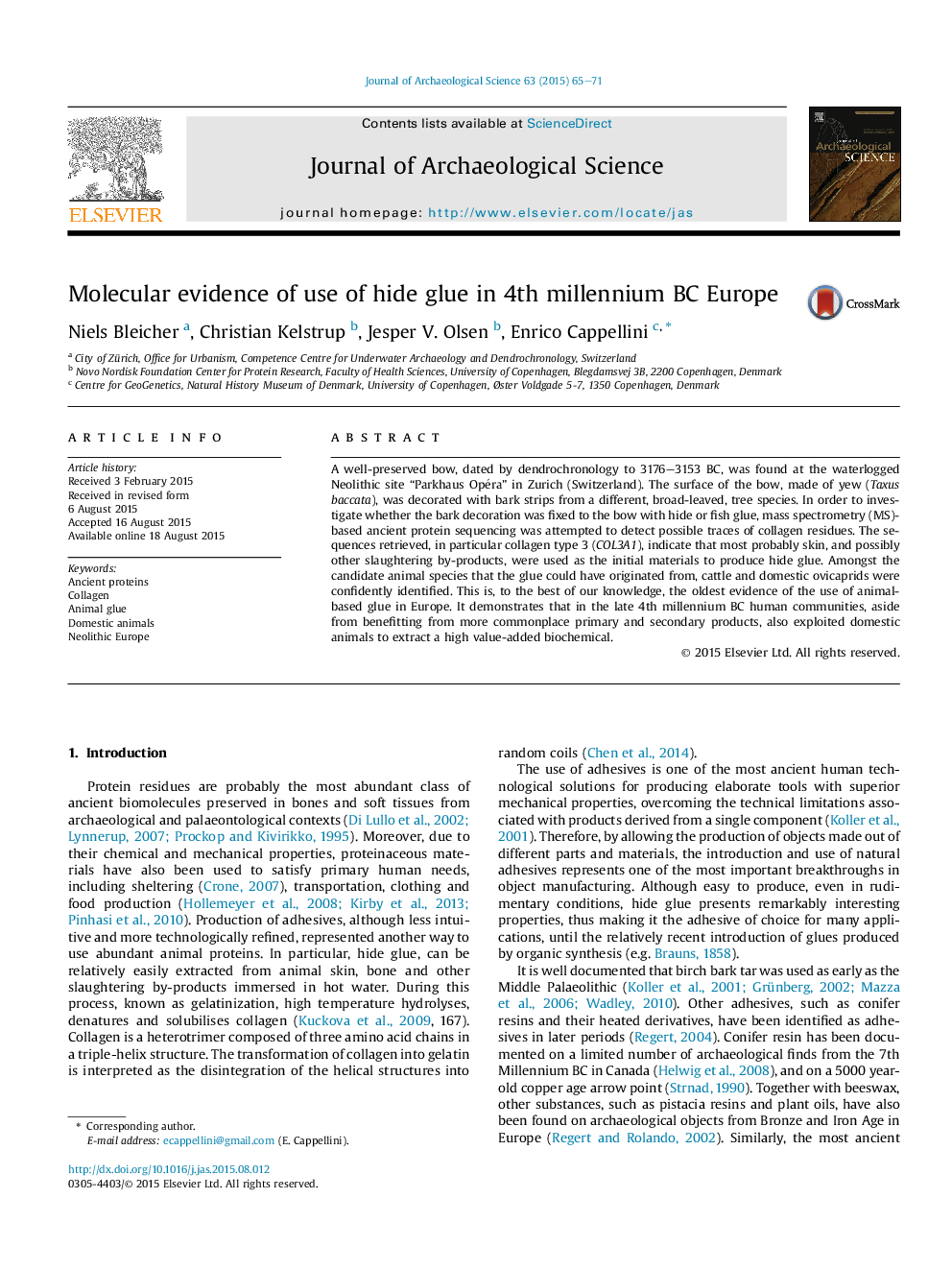 Molecular evidence of use of hide glue in 4th millennium BC Europe