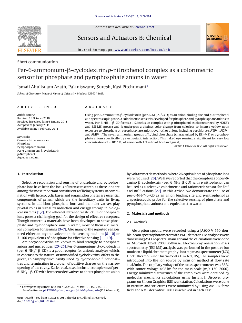 Per-6-ammonium-β-cyclodextrin/p-nitrophenol complex as a colorimetric sensor for phosphate and pyrophosphate anions in water