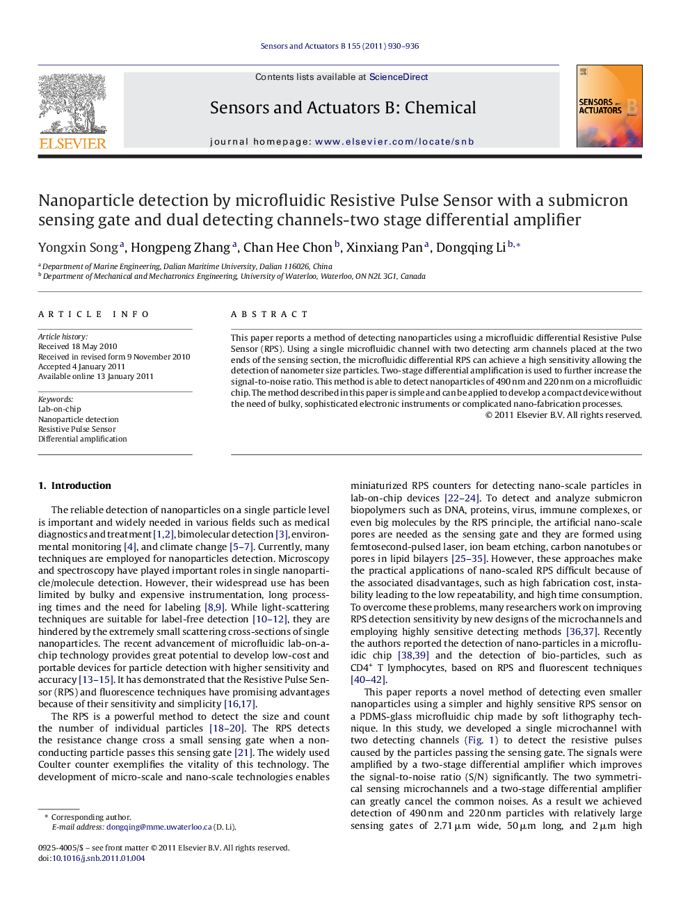 عکس صفحه اول مقاله: Nanoparticle detection by microfluidic Resistive Pulse Sensor with a submicron sensing gate and dual detecting channels-two stage differential amplifier Nanoparticle detection by microfluidic Resistive Pulse Sensor with a submicron sensing gate and dual detecting channels-two stage differential amplifier