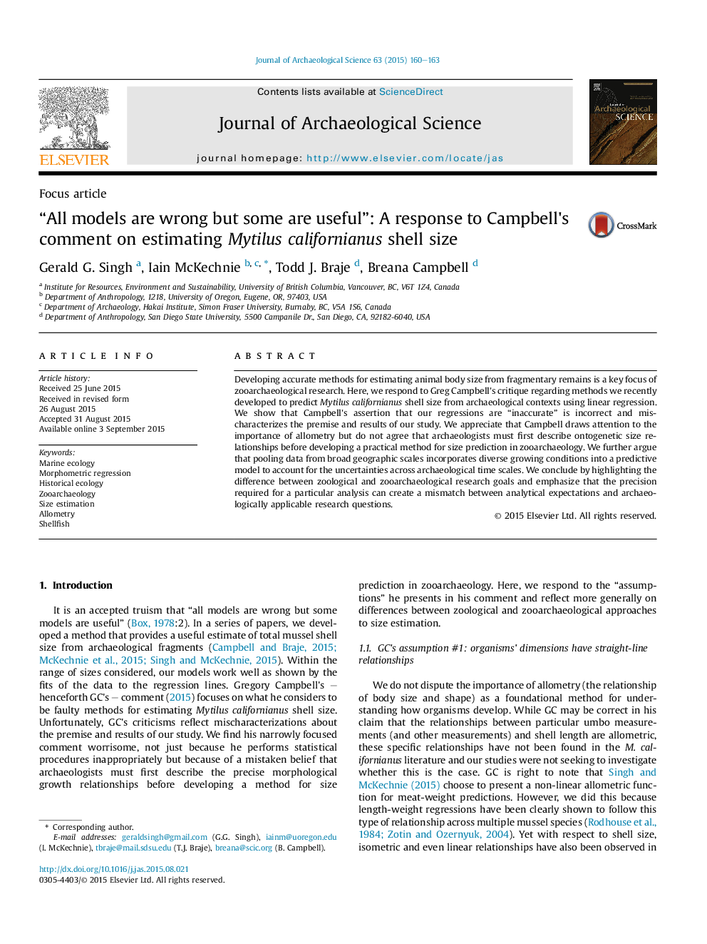 “All models are wrong but some are useful”: A response to Campbell's comment on estimating Mytilus californianus shell size