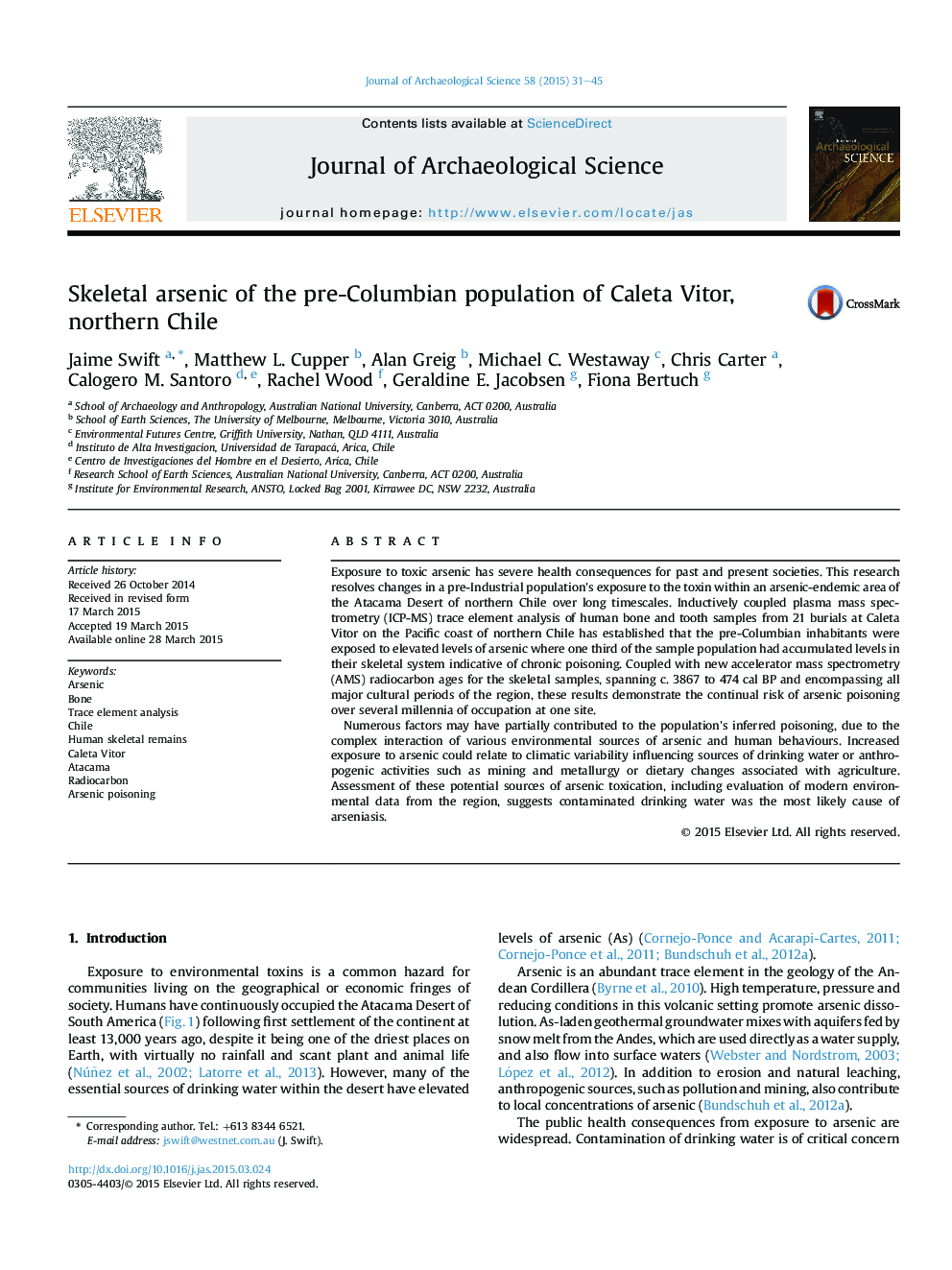 Skeletal arsenic of the pre-Columbian population of Caleta Vitor, northern Chile