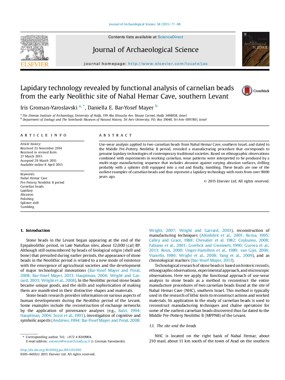 Lapidary technology revealed by functional analysis of carnelian beads from the early Neolithic site of Nahal Hemar Cave, southern Levant