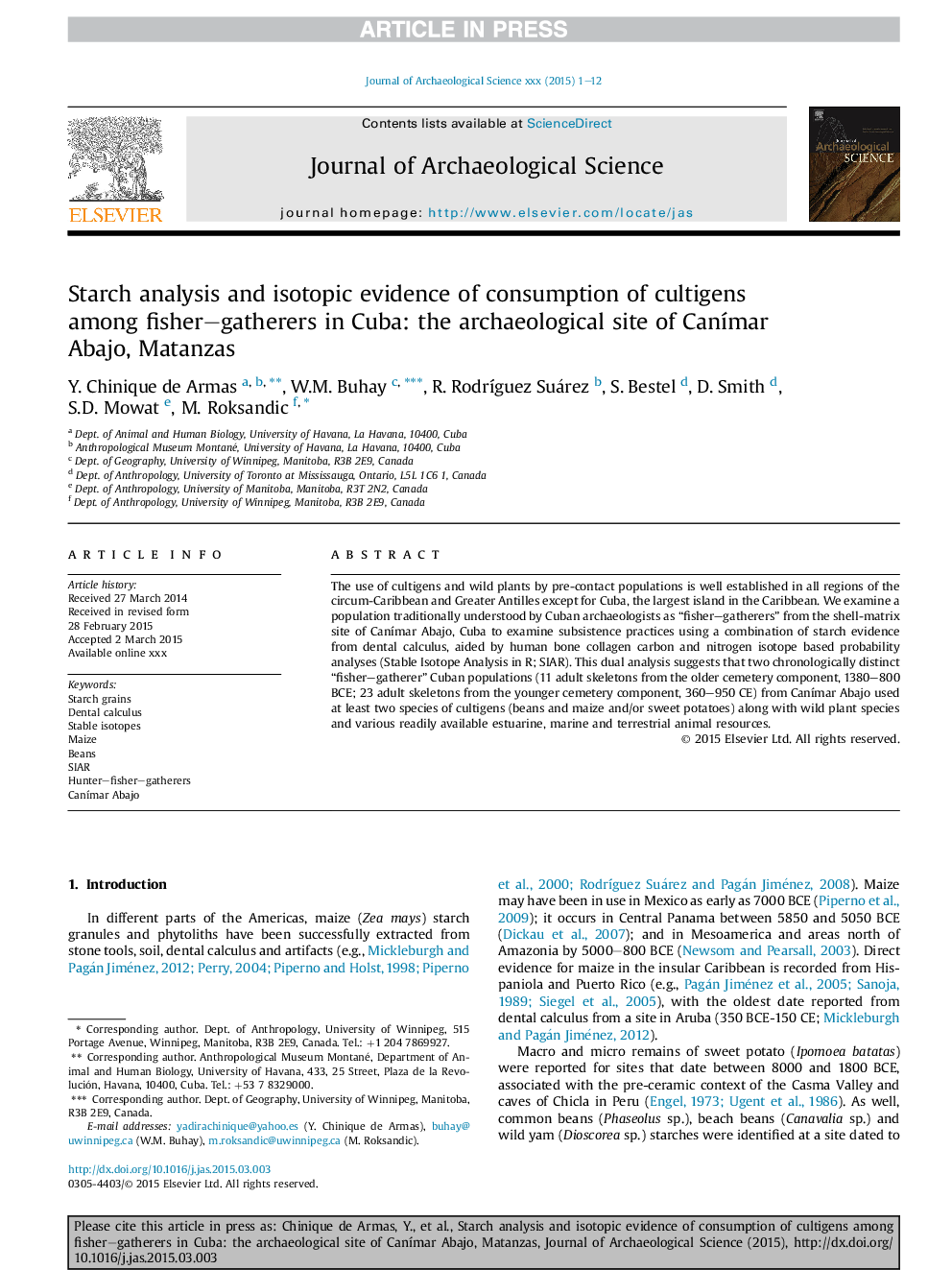 Starch analysis and isotopic evidence of consumption of cultigens among fisher-gatherers in Cuba: the archaeological site of CanÃ­mar Abajo, Matanzas