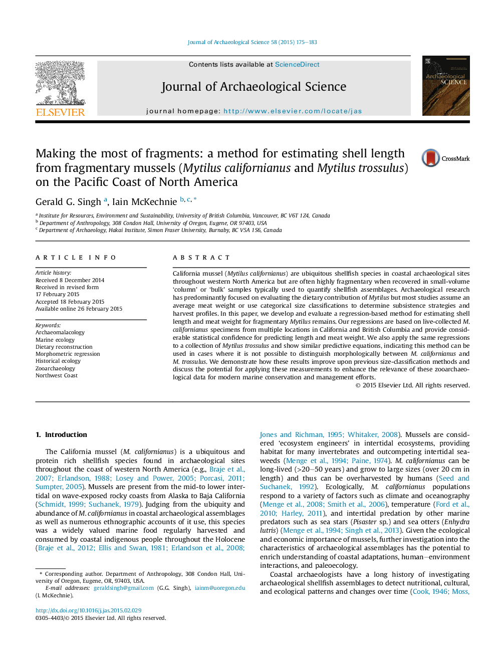 Making the most of fragments: a method for estimating shell length from fragmentary mussels (Mytilus californianus and Mytilus trossulus) on the Pacific Coast of North America