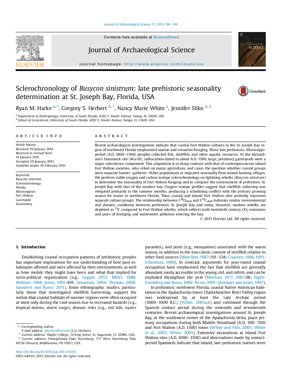 Sclerochronology of Busycon sinistrum: late prehistoric seasonality determination at St. Joseph Bay, Florida, USA