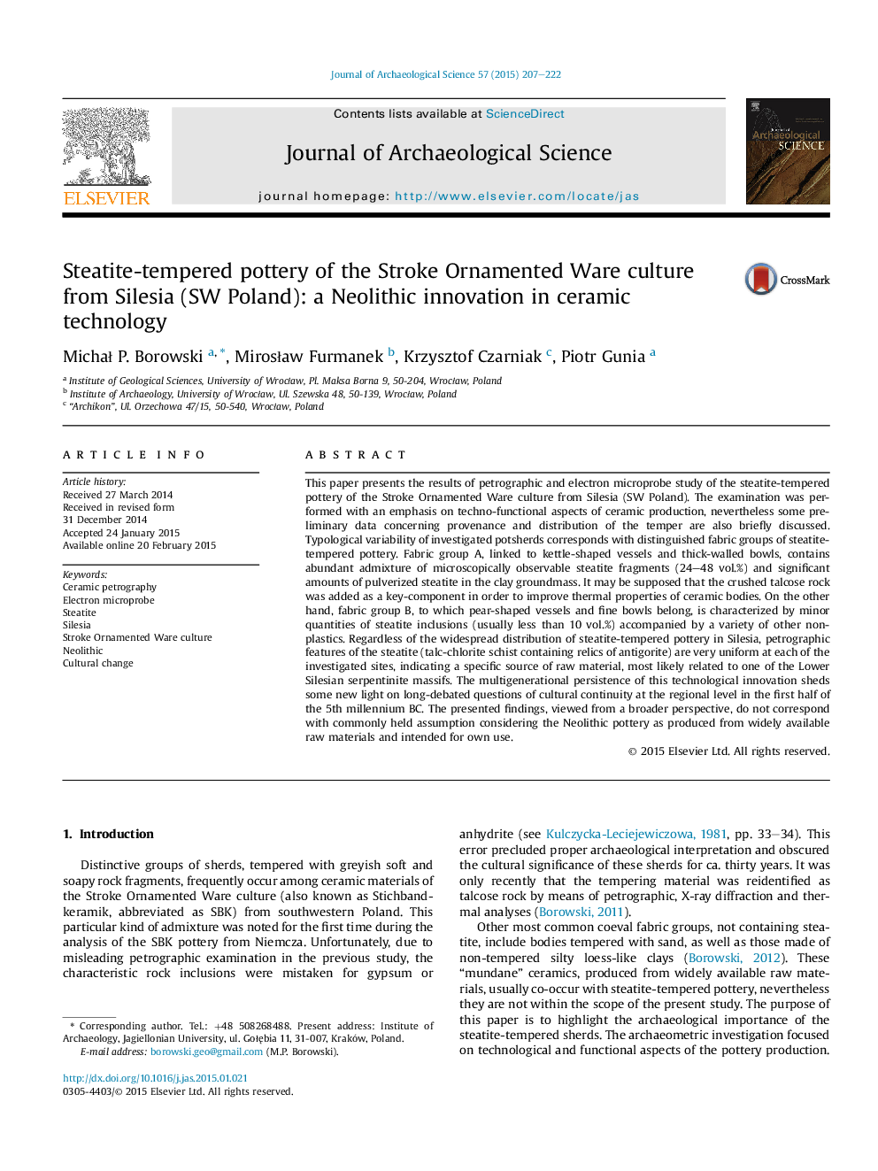 Steatite-tempered pottery of the Stroke Ornamented Ware culture from Silesia (SW Poland): a Neolithic innovation in ceramic technology