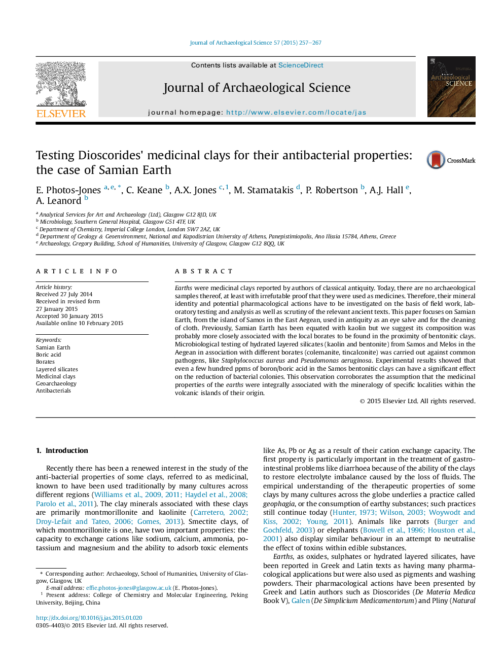 Testing Dioscorides' medicinal clays for their antibacterial properties: the case of Samian Earth