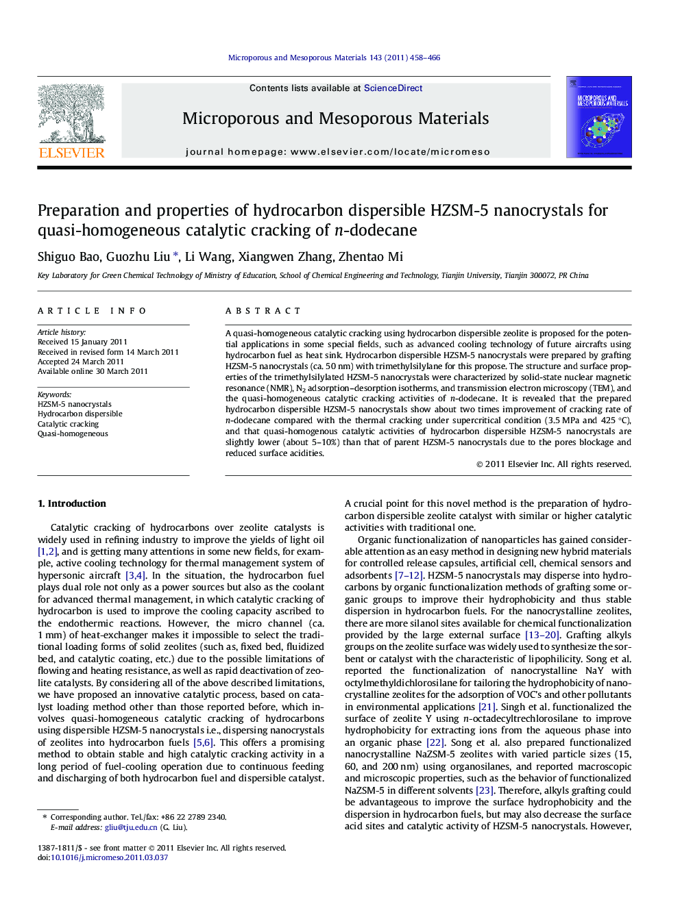 Preparation and properties of hydrocarbon dispersible HZSM-5 nanocrystals for quasi-homogeneous catalytic cracking of n-dodecane