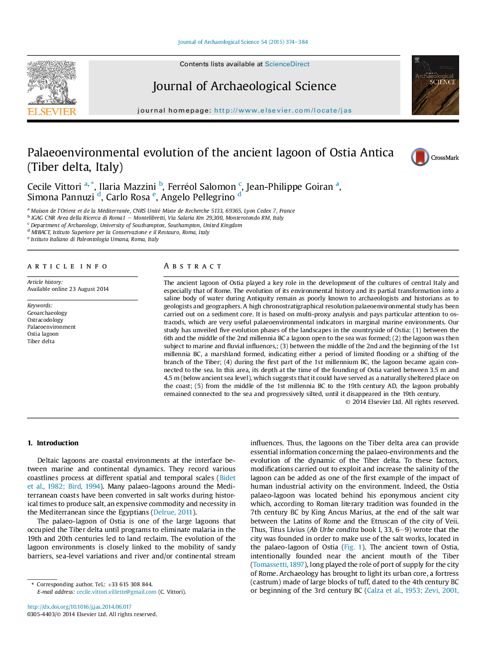 Palaeoenvironmental evolution of the ancient lagoon of Ostia Antica (Tiber delta, Italy)