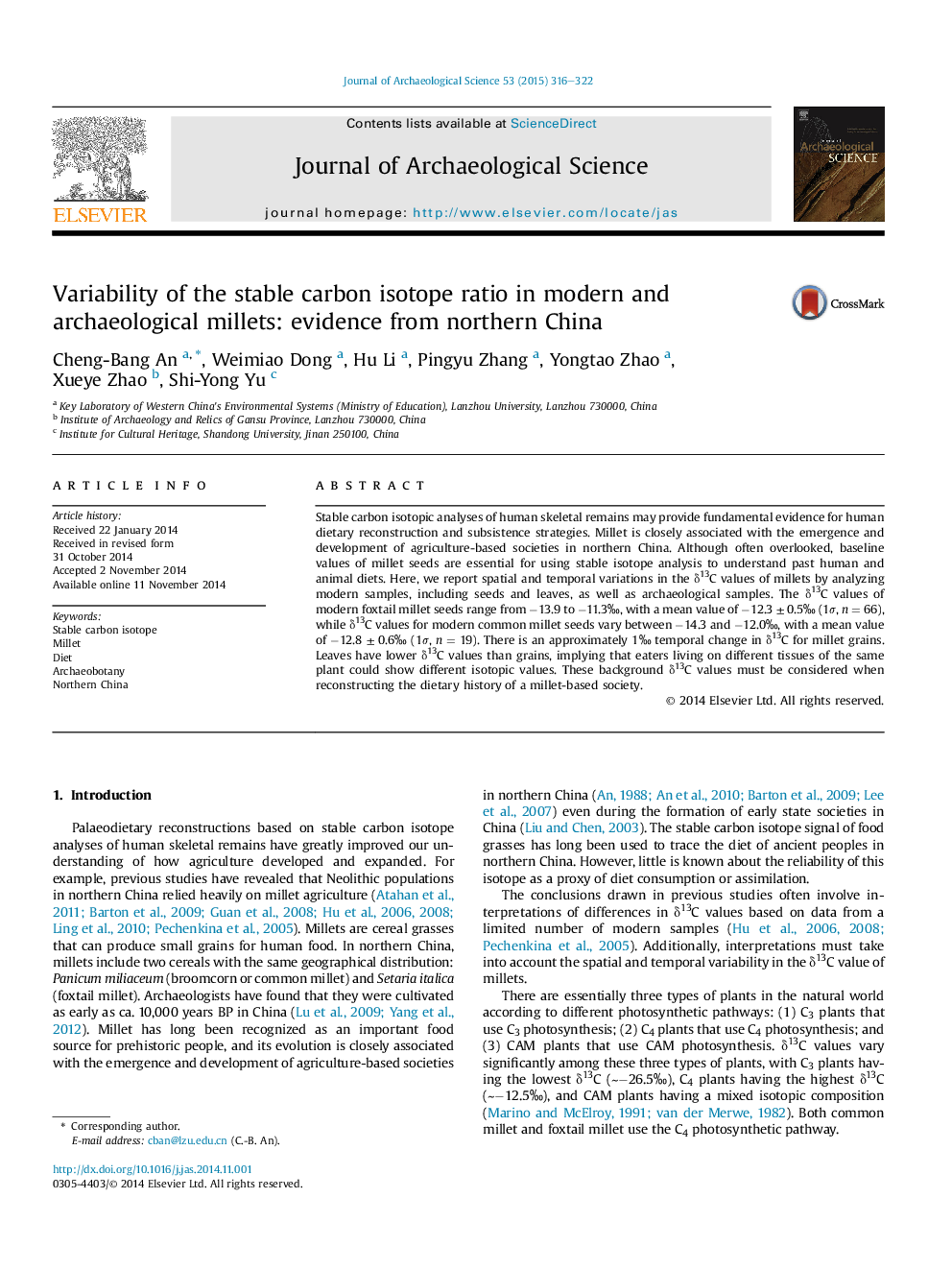 Variability of the stable carbon isotope ratio in modern and archaeological millets: evidence from northern China