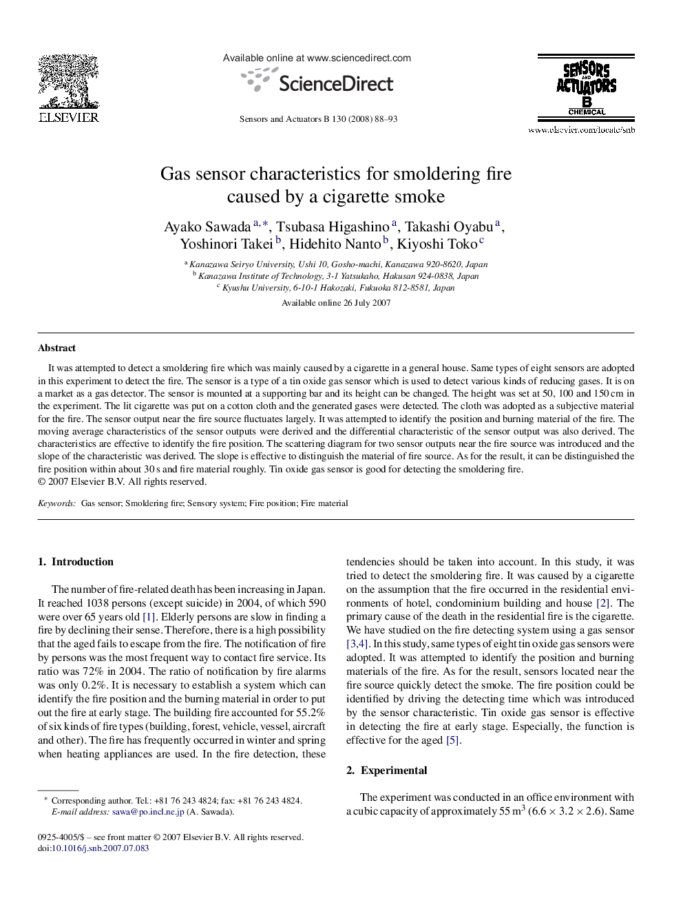 Gas sensor characteristics for smoldering fire caused by a cigarette smoke