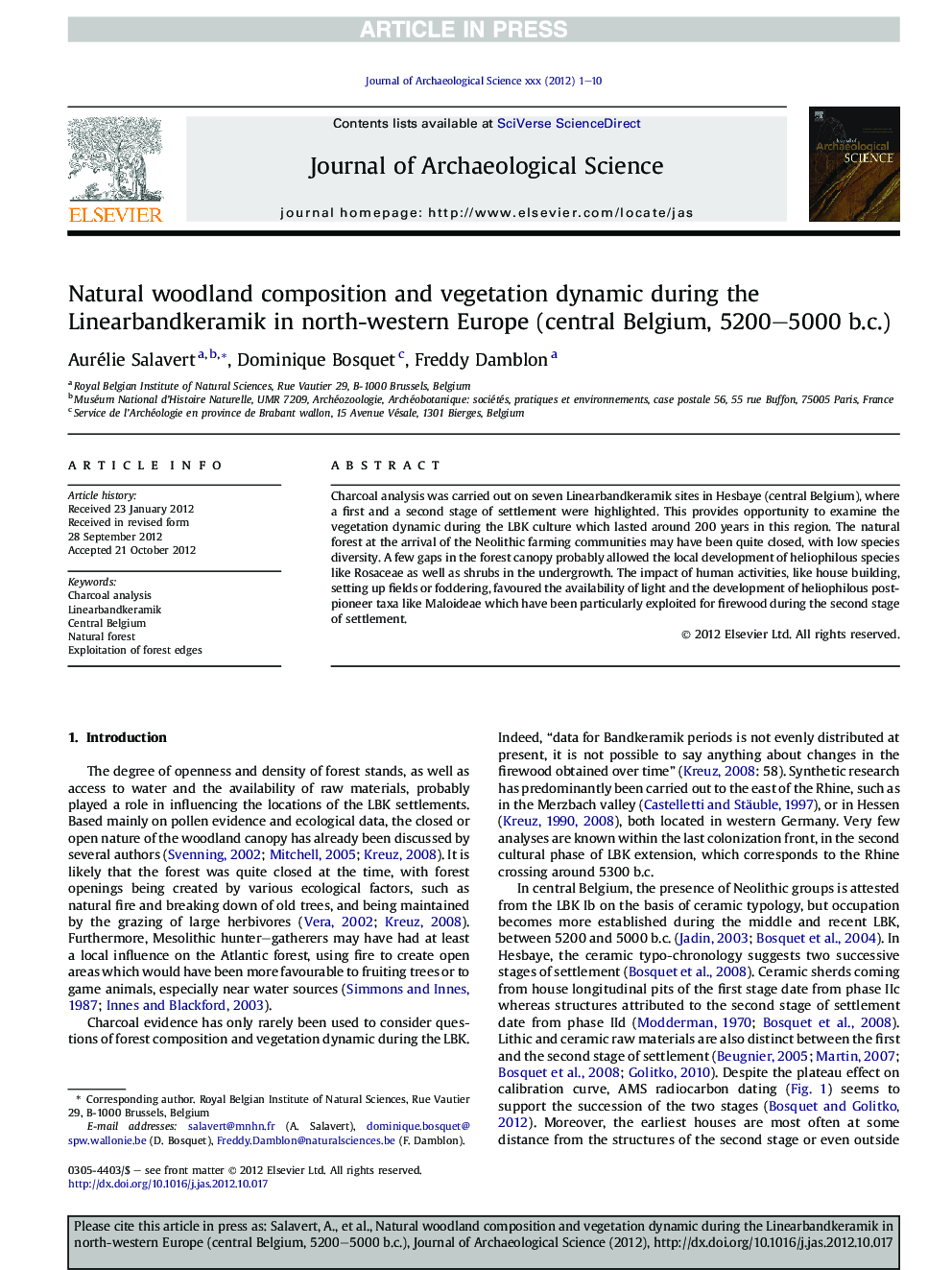 Natural woodland composition and vegetation dynamic during the Linearbandkeramik in north-western Europe (central Belgium, 5200-5000Â b.c.)