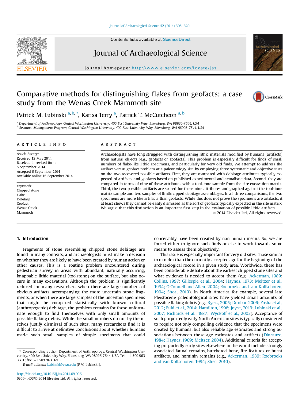 Comparative methods for distinguishing flakes from geofacts: a case study from the Wenas Creek Mammoth site