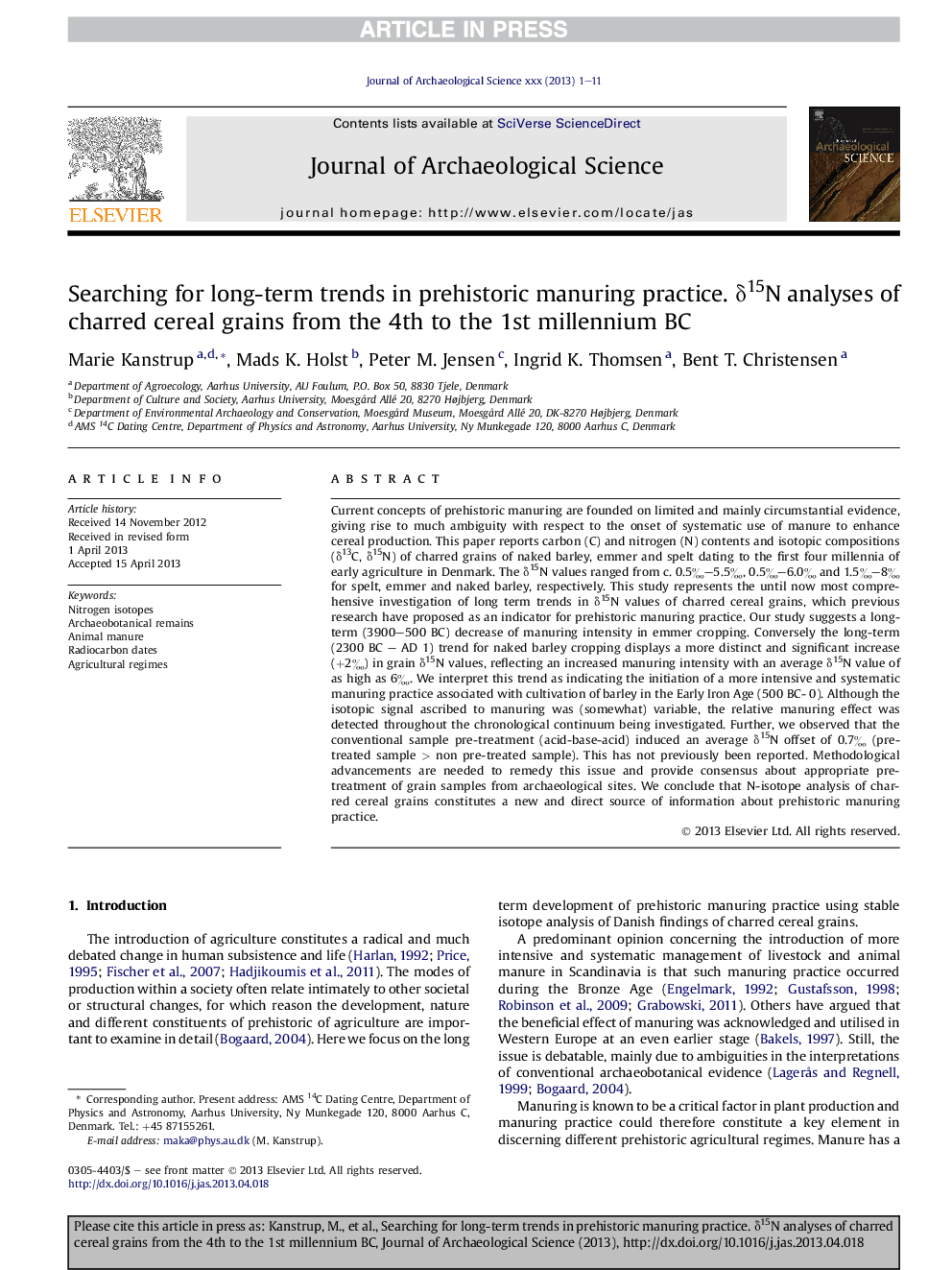 Searching for long-term trends in prehistoric manuring practice. Î´15N analyses of charred cereal grains from the 4th to the 1st millennium BC