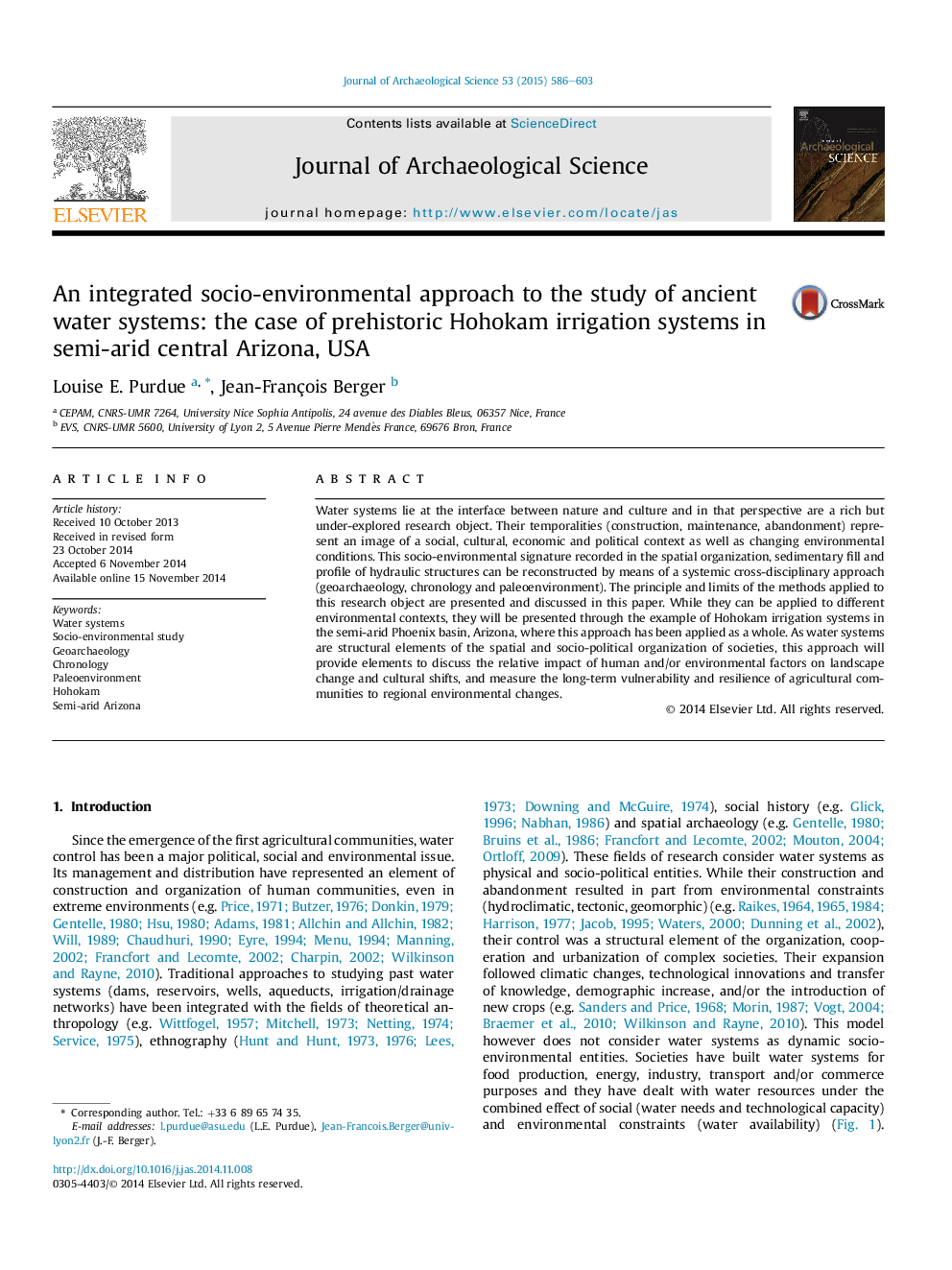 An integrated socio-environmental approach to the study of ancient water systems: the case of prehistoric Hohokam irrigation systems in semi-arid central Arizona, USA