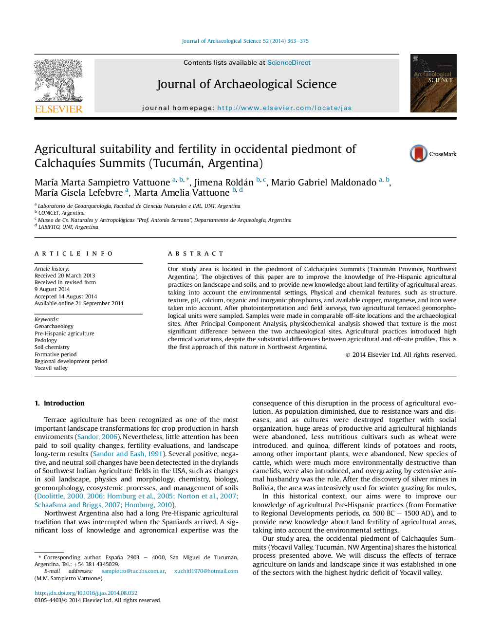 Agricultural suitability and fertility in occidental piedmont of CalchaquÃ­es Summits (Tucumán, Argentina)