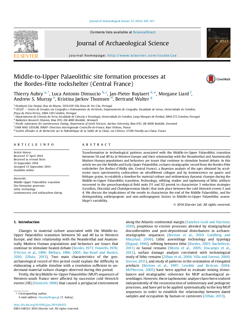 Middle-to-Upper Palaeolithic site formation processes at the Bordes-Fitte rockshelter (Central France)