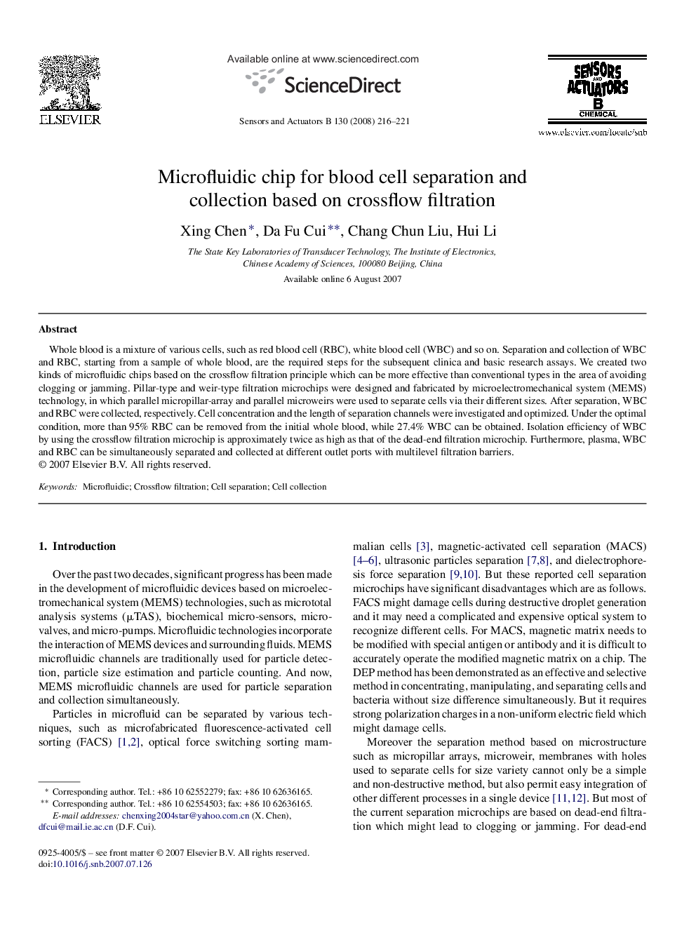 Microfluidic chip for blood cell separation and collection based on crossflow filtration