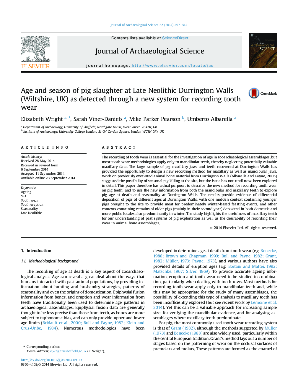 Age and season of pig slaughter at Late Neolithic Durrington Walls (Wiltshire, UK) as detected through a new system for recording tooth wear