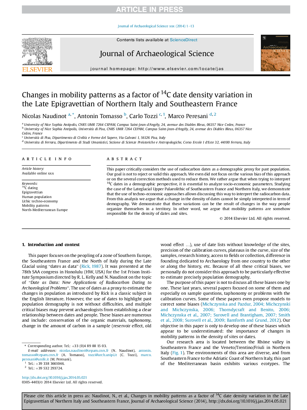 Changes in mobility patterns as a factor of 14C date density variation in the Late Epigravettian of Northern Italy and Southeastern France