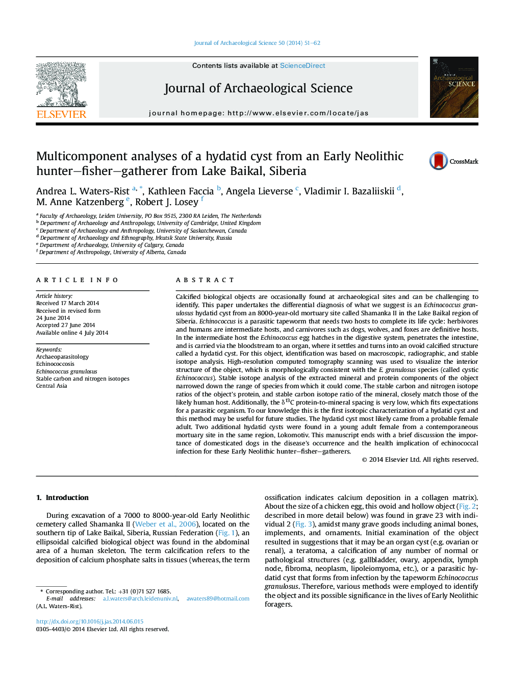 تجزیه و تحلیل چندمرحلهای از یک کیت هیداتید از یک شکارچی ماهیگیری نوین اولیه از دریاچه بایکال، سیبری 
