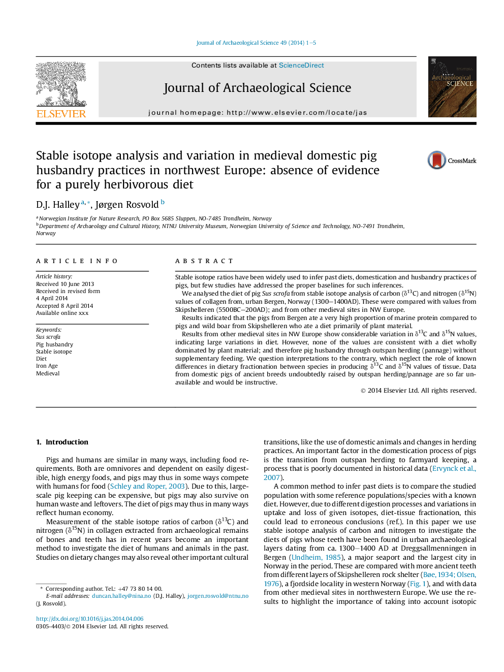 Stable isotope analysis and variation in medieval domestic pig husbandry practices in northwest Europe: absence of evidence forÂ aÂ purely herbivorous diet