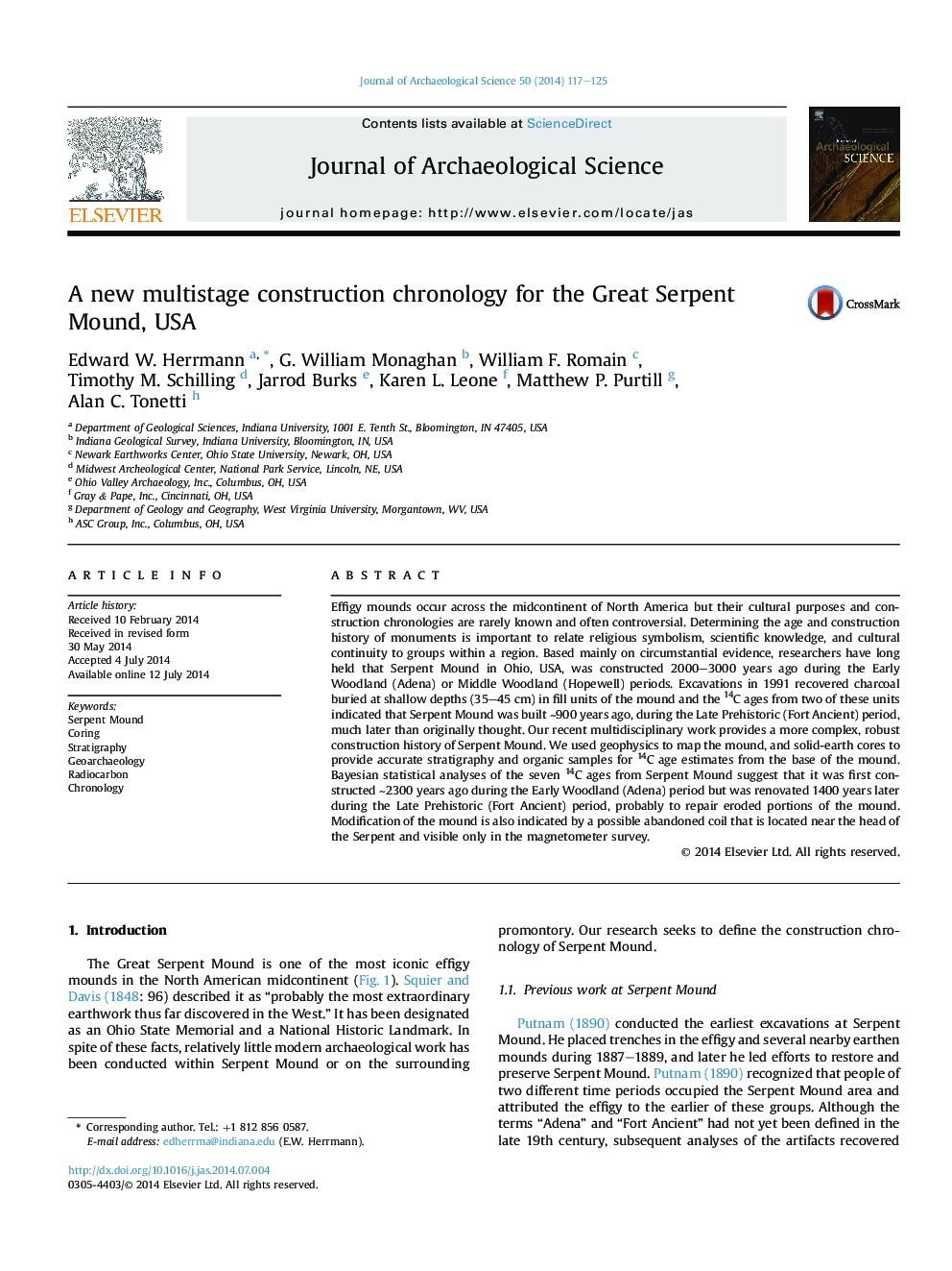 A new multistage construction chronology for the Great Serpent Mound, USA