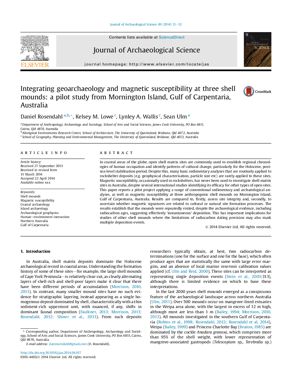 Integrating geoarchaeology and magnetic susceptibility at three shell mounds: a pilot study from Mornington Island, Gulf of Carpentaria, Australia