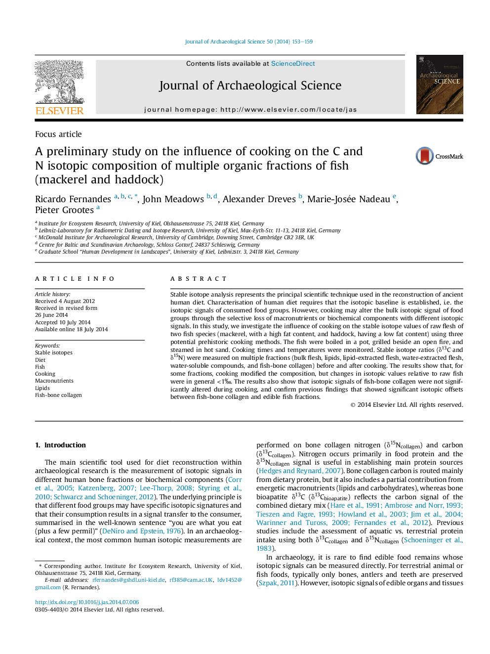 A preliminary study on the influence of cooking on the C and N isotopic composition of multiple organic fractions of fish (mackerel and haddock)