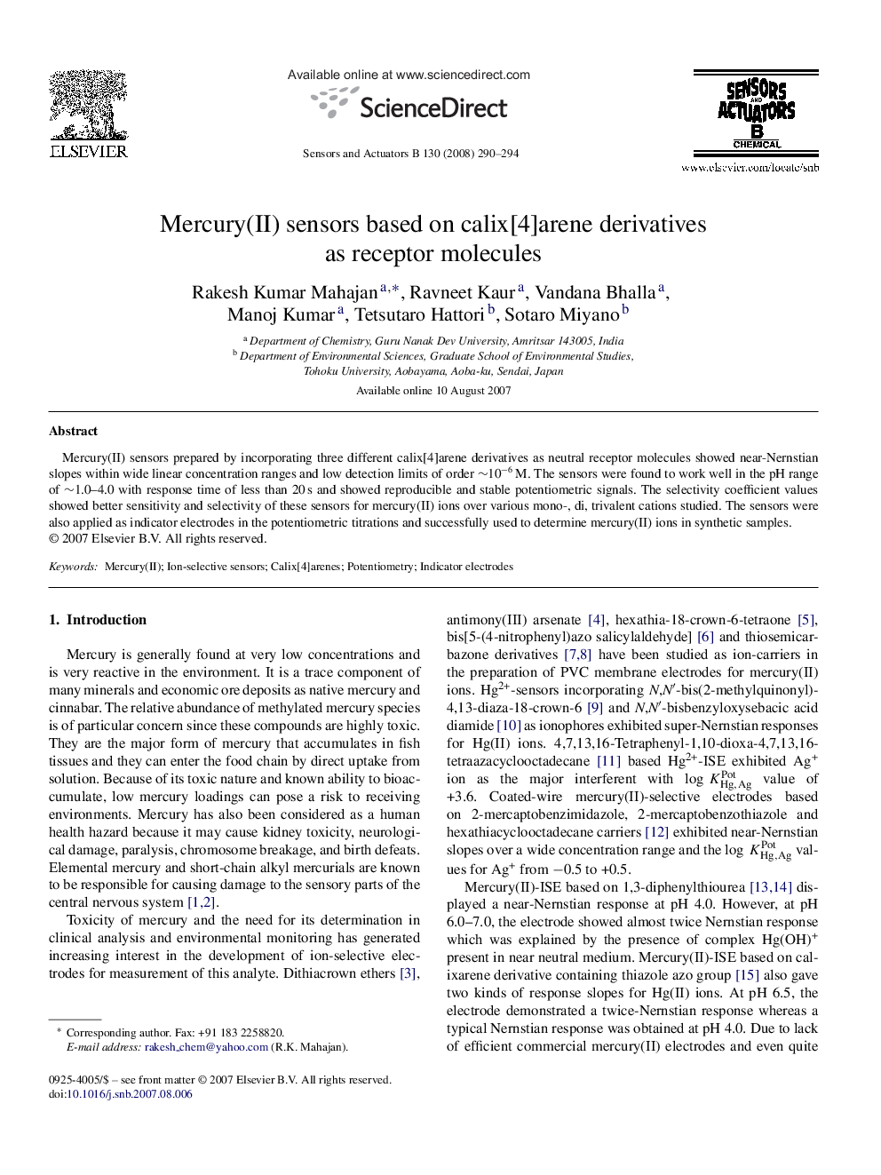 Mercury(II) sensors based on calix[4]arene derivatives as receptor molecules