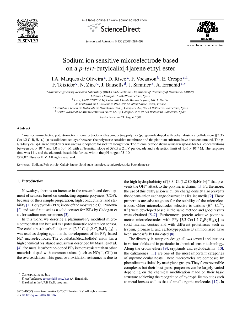 Sodium ion sensitive microelectrode based on a p-tert-butylcalix[4]arene ethyl ester